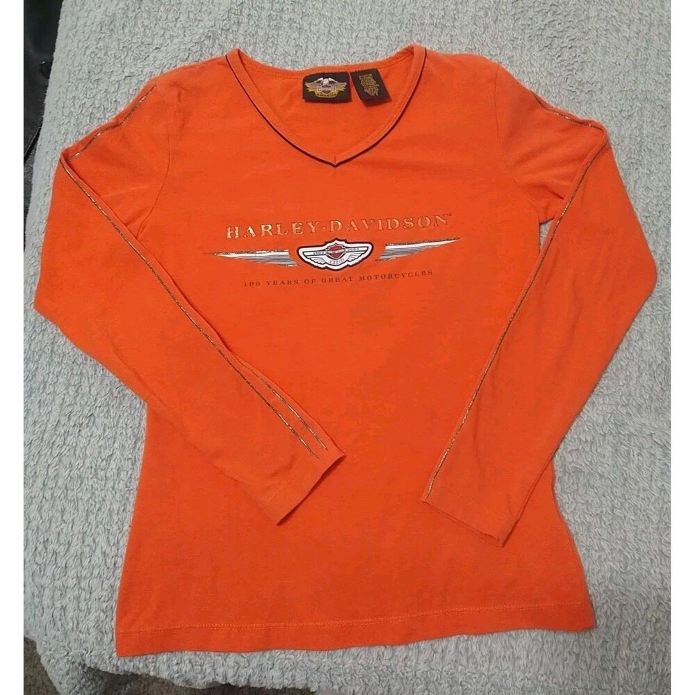 Harley-Davidson Women's V-neck Long Sleeve Top Small Orange Motorcycle Logo